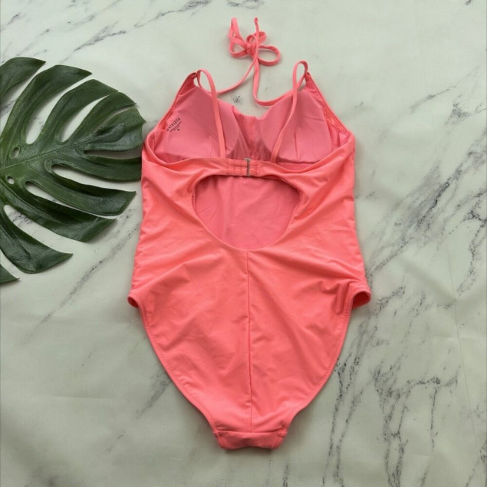 Athleta Womens Key Hole One Piece Swimsuit Size M Neon Pink Halter Strappy - Picture 2 of 3